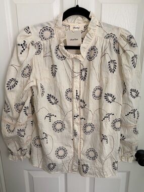 Charlier Embroidered Ruffled Collar Button-Up Blouse - Ivory & Black